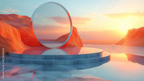  3d rendering  natural  landscape  a stage of sunset sense  orange color   purple color   platform outdoor in the middle of otherworldly without anything else. Copy space.this platform also serves as 