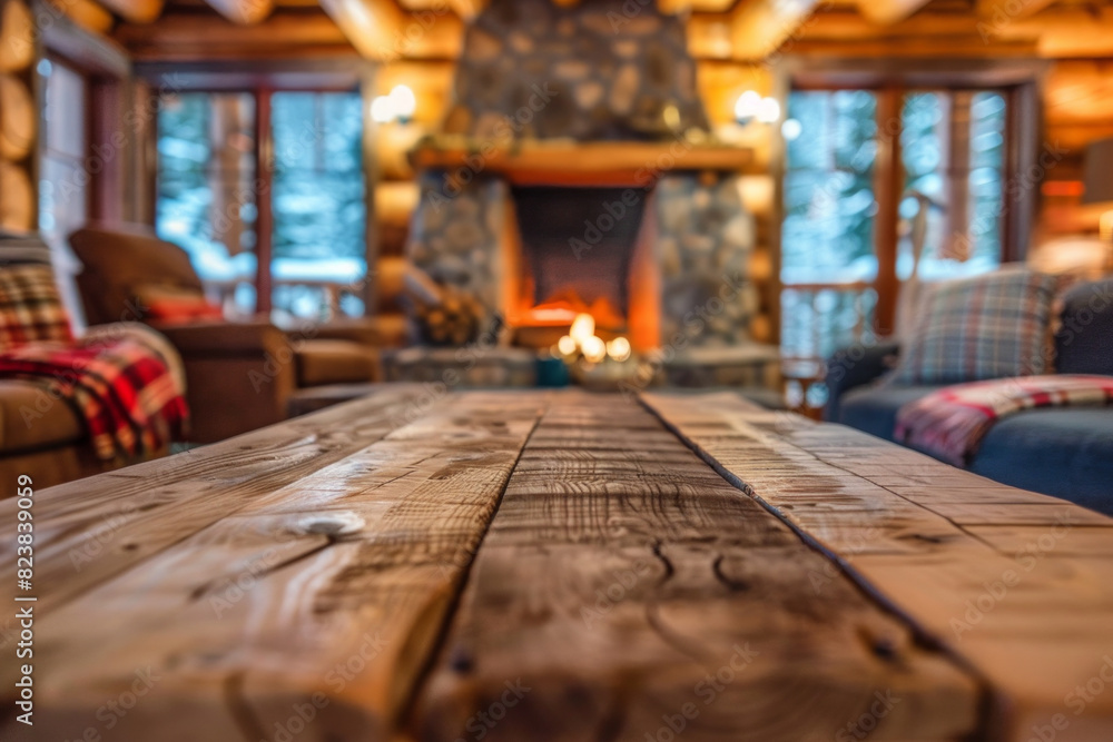 A wooden coffee table in the foreground with a blurred background of a rustic cabin living room. The background features a stone fireplace, cozy couches with plaid blankets and wooden beams