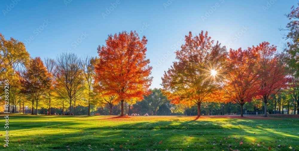 A vibrant autumn scene depicts trees with leaves in various shades of orange, red and yellow A vibrant autumn scene depicts trees with leaves in various shades of orange, red and yellow