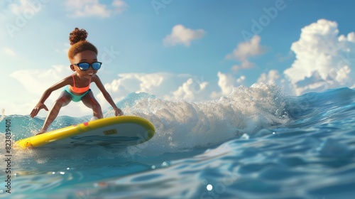 3d African woman character in sunglasses surfing on board on the ocean or sea waves in summer vacation © Johannes