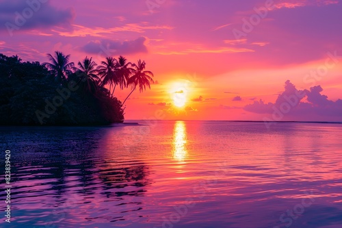 eautiful Tropical Pink Purple Sunset with Palm Trees and Ocean photo