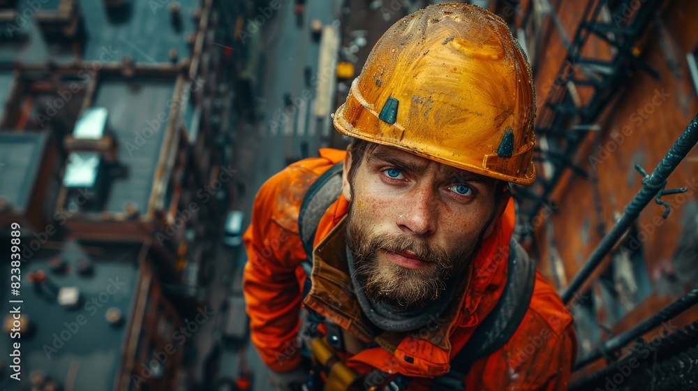 Intense portrait of a construction worker with blue eyes and a hard hat
