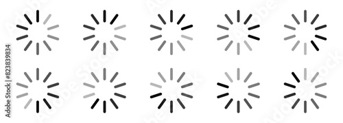 Buffering circle set in grey color vector image rounded style. Loading indicator vector icon set. Buffer status circle bar symbol. Loading progress web or app interface isolated illustration.