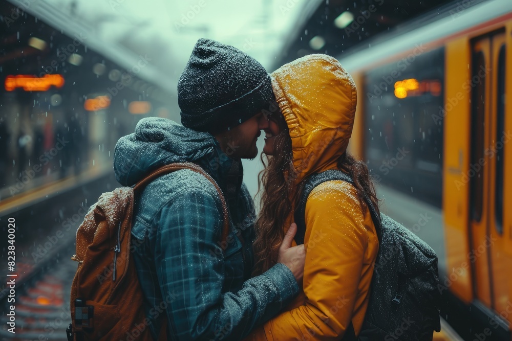 A guy and a girl couple hug and kiss before long parting at the train station on rainy day. Travel and relationship concept. A guy and a girl couple hug and kiss before long parting at the train station on rainy day. Travel and relationship concept.