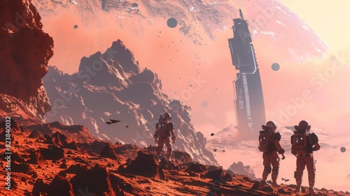 Three astronauts walk through a rocky, red-hued alien landscape with a tall, futuristic building in the distance.