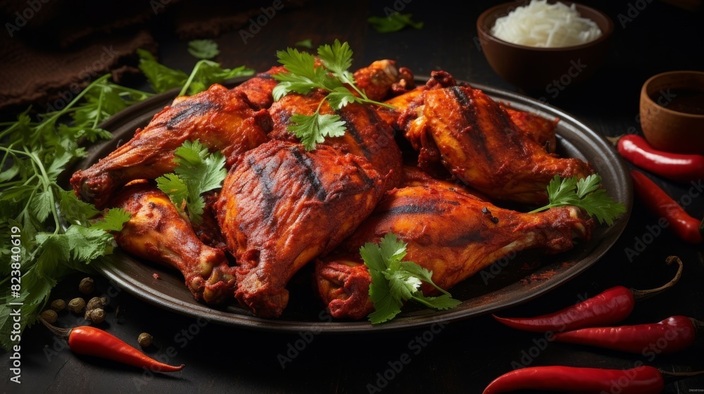 Tempting tandoori chicken showcasing rich flavor and succulent texture Tempting tandoori chicken showcasing rich flavor and succulent texture