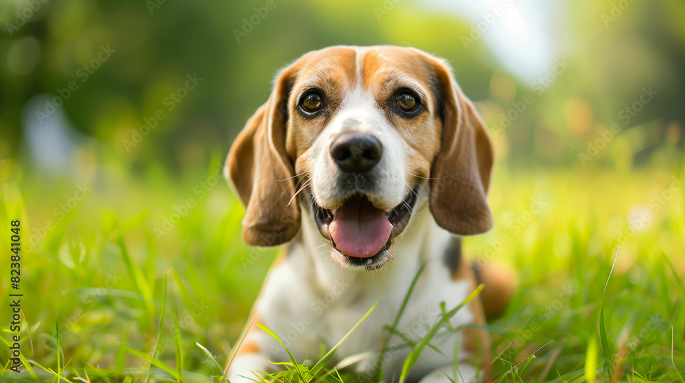 Dog (Beagle). Isolated on green grass in park
