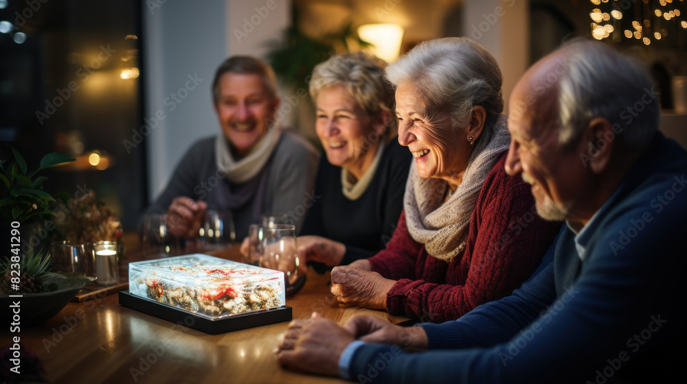 A group of seniors shares a joyful moment as they look at a digital photo album together at night