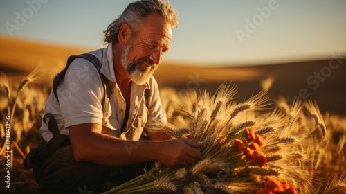 In golden-hour light, a farmer examines wheat sheaves closely, amidst a field of ripe grain photo