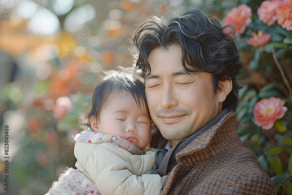 Obraz premium Happy smiling man father plays with daughter or son child. Caring father hugs his baby tenderly. Father's Day or Children's Day concept
