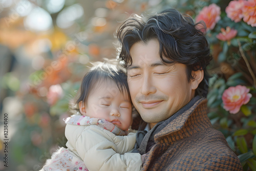 Happy smiling man father plays with daughter or son child. Caring father hugs his baby tenderly. Father's Day or Children's Day concept © Алина Троева