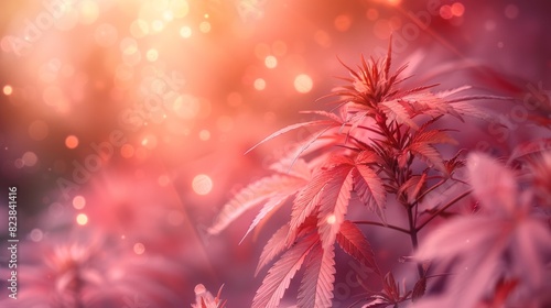 Dreamy scene of cannabis plants in a pink-hued light, evoking a sense of warmth and ethereal beauty