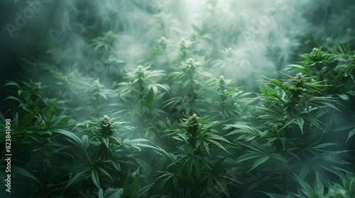 Atmospheric view of a dense grove of cannabis plants shrouded in a mysterious  foggy environment