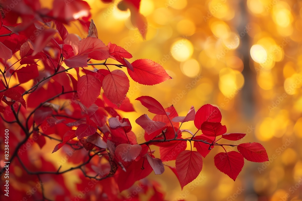 Vibrant Red Leaves in Autumn Forest with Golden Background Vibrant Red Leaves in Autumn Forest with Golden Background