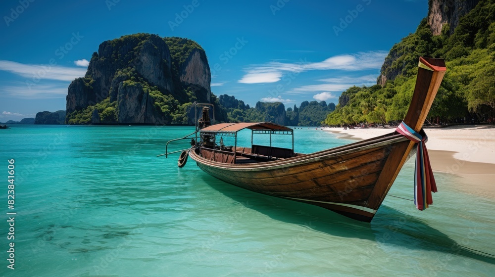 A picturesque view with a traditional longtail boat on the clear blue waters of a tropical beach with limestone cliffs A picturesque view with a traditional longtail boat on the clear blue waters of a tropical beach with limestone cliffs