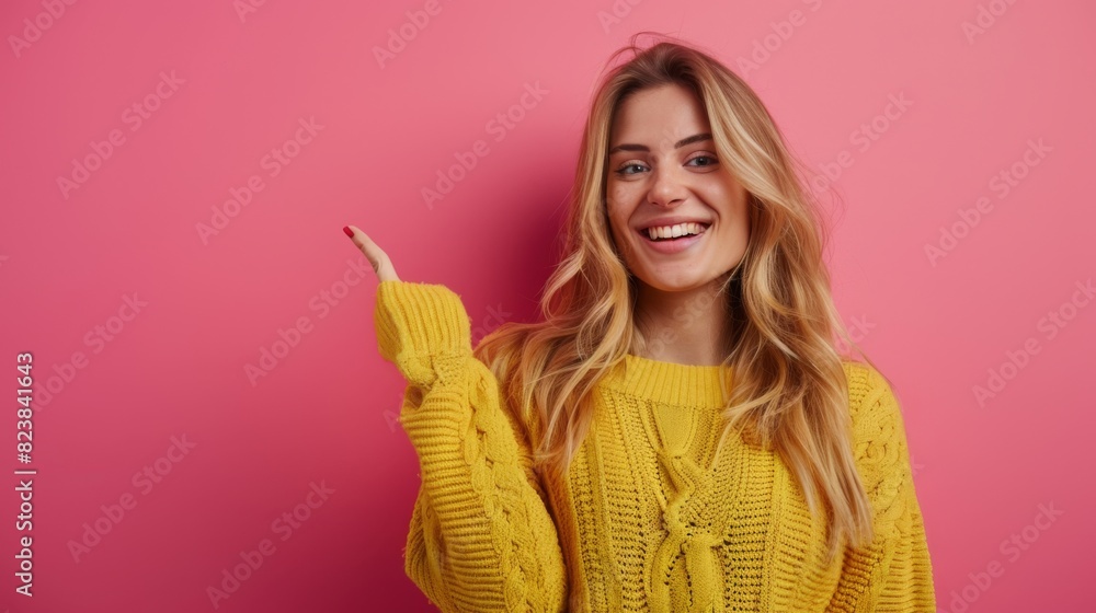 Woman in Yellow Pointing Happily Woman in Yellow Pointing Happily