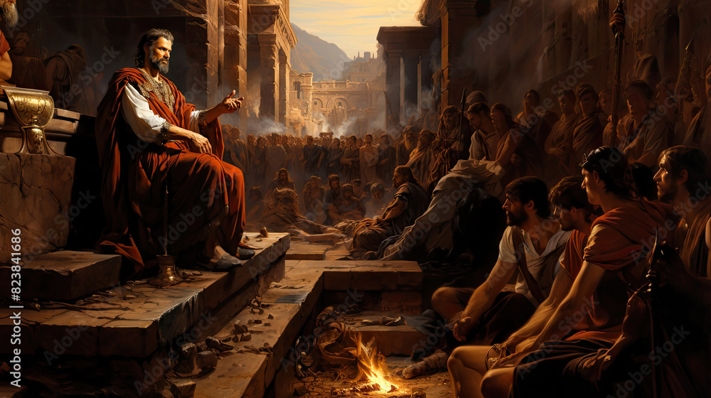 An illustration depicting an ancient ruler speaking to his attentive court in a grand setting, evoking a historical atmosphere