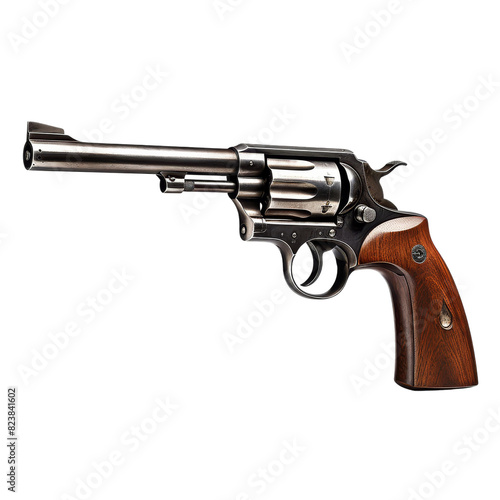 3D rendering of revolver with a long barrel and a brown handle isolated on transparent background, png, cut out