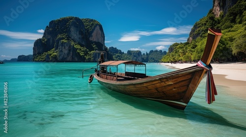 A picturesque view with a traditional longtail boat on the clear blue waters of a tropical beach with limestone cliffs