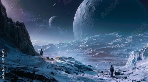 Two astronauts in spacesuits explore a moonlit rocky landscape on a distant planet while looking up at multiple celestial bodies in the night sky.