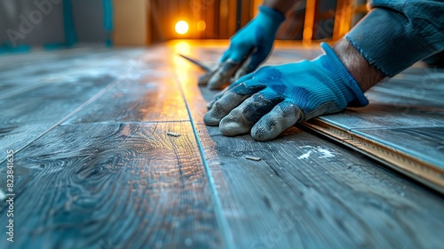 A worker in blue gloves fits pieces of wood-textured laminate flooring together