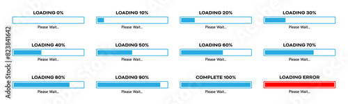 Loading please wait progress bar set with 0-100% in blue color. Percentage loading bar infographic icon set 0-100% in blue color. Set of percentage loading bar 10%, 20%, 70, 90%, 100% slider.