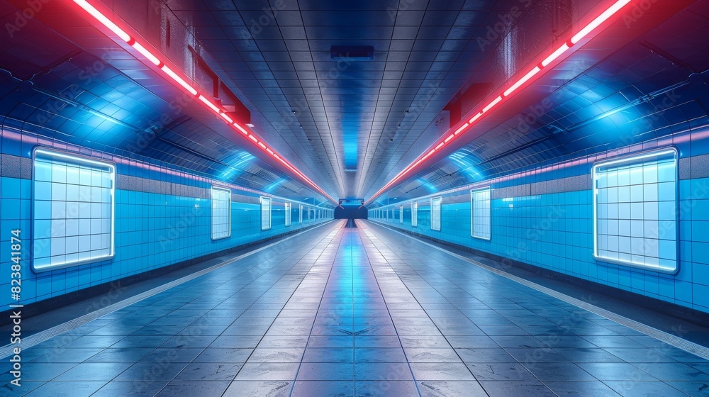 Eye-catching red neon lights streaking across blue-tiled subway tunnel walls