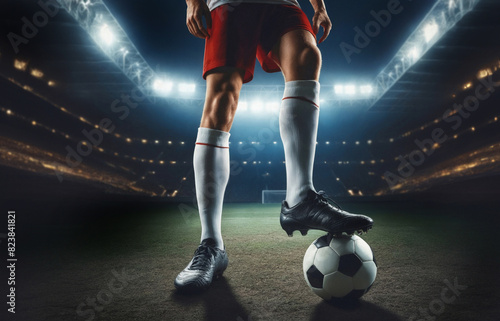 legs of a soccer player with a foot on a ball, photo realistic, illustration