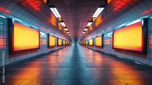 A contemporary subway passageway lit by bright orange advertising panels and linear lights