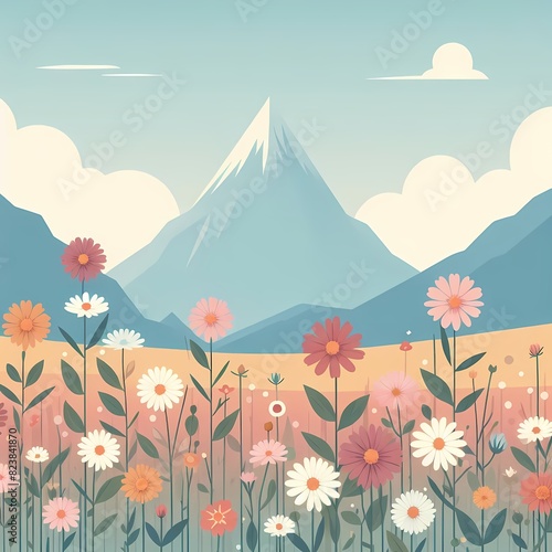 Serene Mountain Landscape with Colorful Flower Field