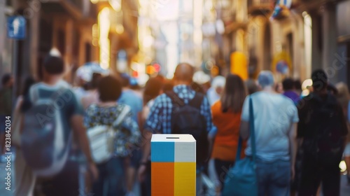 Defocused crowd on the street around a voting ballot box with the colors of the Catalan flag photo