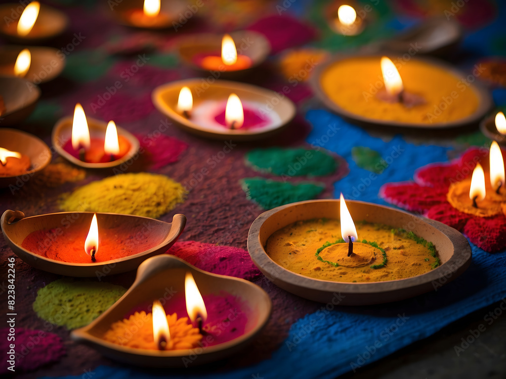 Festival brilliance! Diwali celebration with diya oil lamps illuminated on a colorful rangoli design. Festival brilliance! Diwali celebration with diya oil lamps illuminated on a colorful rangoli design.