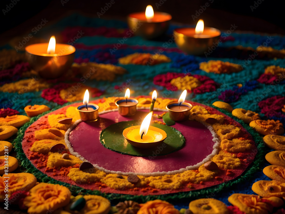 Festival brilliance! Diwali celebration with diya oil lamps illuminated on a colorful rangoli design. Festival brilliance! Diwali celebration with diya oil lamps illuminated on a colorful rangoli design.