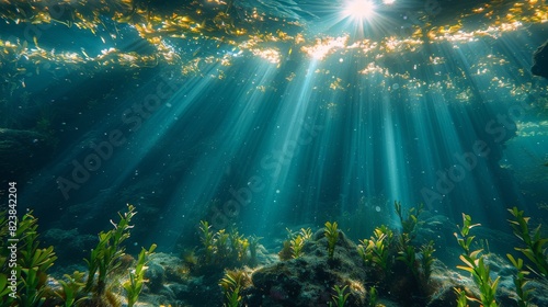Majestic underwater view showcasing sunlight piercing through water to illuminate green aquatic plants