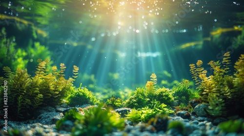 Sunbeams dance through a freshwater scene with vibrant green aquatic vegetation