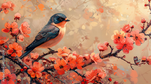 Illustration of colors flowers and swallow.
