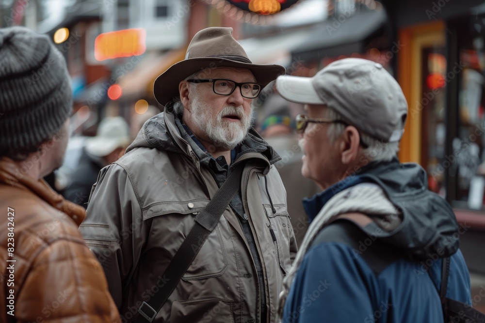 Old man with a hat and glasses on the streets of the city