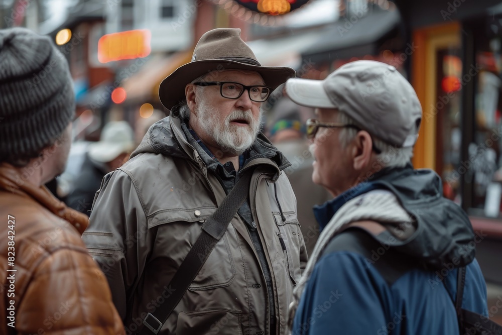 Old man with a hat and glasses on the streets of the city Old man with a hat and glasses on the streets of the city