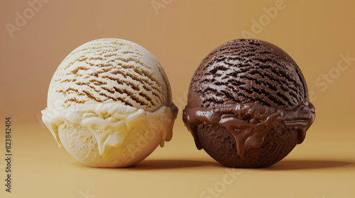 Close-up of two delightful ice cream scoops, vanilla and chocolate, melting against a warm beige background. Sweet and tempting dessert. photo