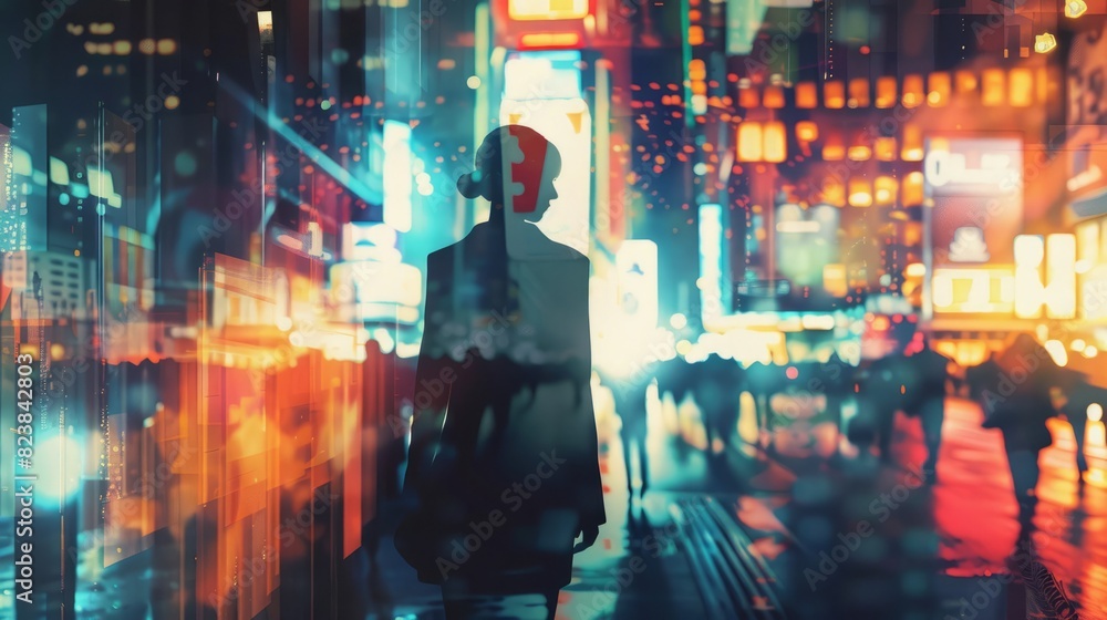 featuring the silhouette of a businesswoman merged with a bustling street scene at night, highlighting the dynamic pace of city life, business, vibrant city, lights background, wit featuring the silhouette of a businesswoman merged with a bustling street scene at night, highlighting the dynamic pace of city life, business, vibrant city, lights background, wit