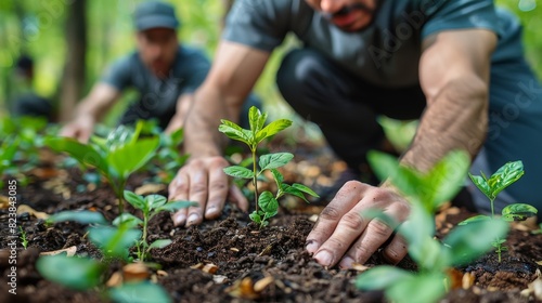 A closeup of a person planting saplings in the soil, with a blurred face focusing on the hands and the young plant © familymedia
