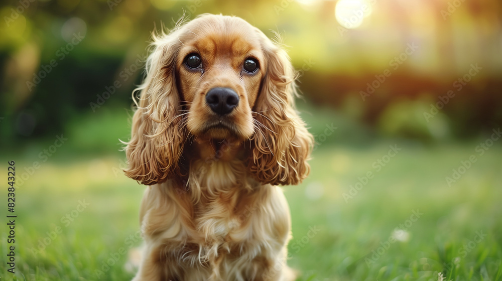 Dog (English Cocker Spaniel). Isolated on green grass in park Dog (English Cocker Spaniel). Isolated on green grass in park