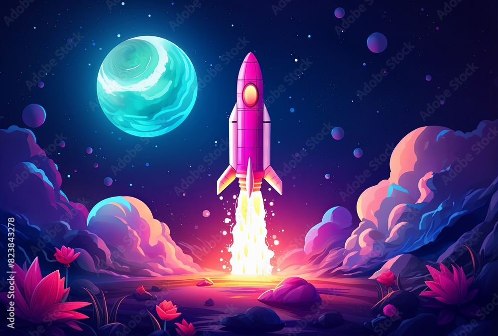 Naklejka premium A test of a rainbow colored spaceship taking off from the ground that reflects the light from the light of the spaceship launch with full energy. Generative AI.
