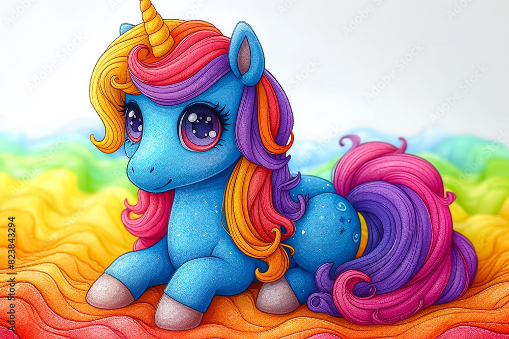 Unicorn with rainbow mane, cute cartoon style drawing. design for poster, sticker, cover, postcard, children book Unicorn with rainbow mane, cute cartoon style drawing. design for poster, sticker, cover, postcard, children book