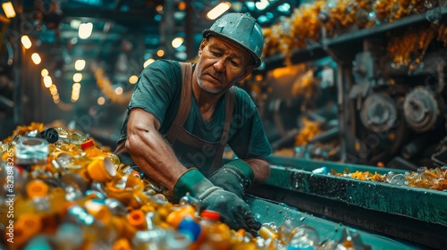 A factory worker, face obscured, is seen focused on sorting recyclable plastic bottles on a conveyor belt