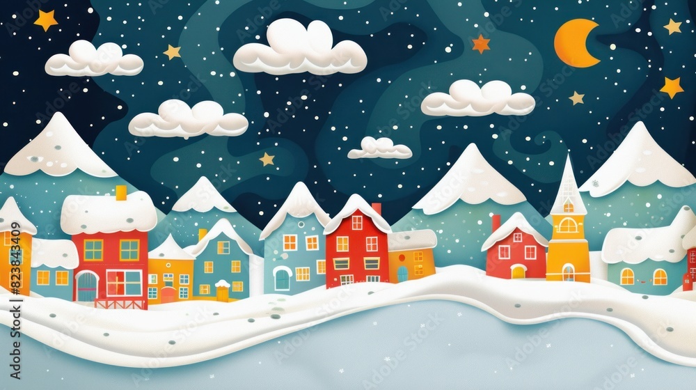 cartoon background with stars, clouds and snow covered mountains with houses wallpaper