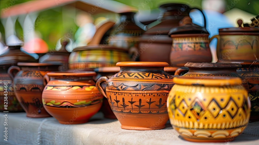 an open-air market in Ukraine, Europe, with a display of ceramic vases and clay pots arranged on a table, showcasing traditional craftsmanship and local artistry.