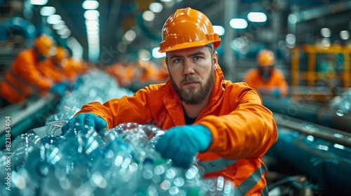 Serious industrial worker in orange safety gear attentively sorting plastic bottles on a conveyor