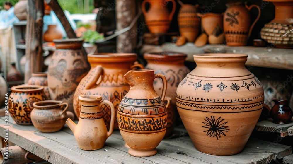 an open-air market in Ukraine, Europe, with a display of ceramic vases and clay pots arranged on a table, showcasing traditional craftsmanship and local artistry. an open-air market in Ukraine, Europe, with a display of ceramic vases and clay pots arranged on a table, showcasing traditional craftsmanship and local artistry.
