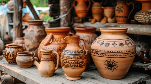 an open-air market in Ukraine, Europe, with a display of ceramic vases and clay pots arranged on a table, showcasing traditional craftsmanship and local artistry. © ZinaZaval